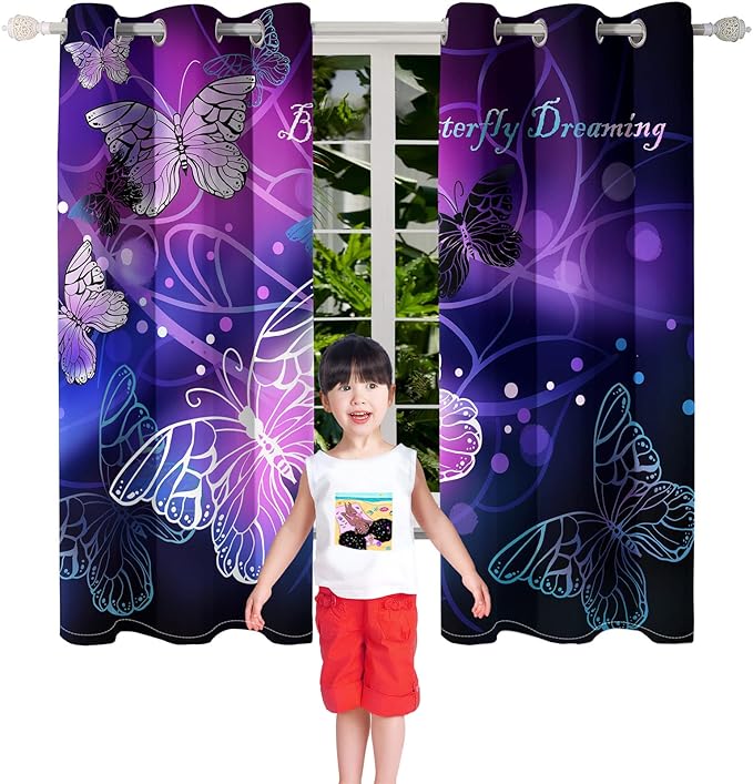 Butterfly Blackout Curtain for Girls Bedroom 2Pcs, Purple Window Curtain Panels Drapes Set Curtains 63 inch Length for Kids Bedroom Nursery Room Grommet Top Thermal Insulated Curtains, 82" x 63"-CubbioJoy