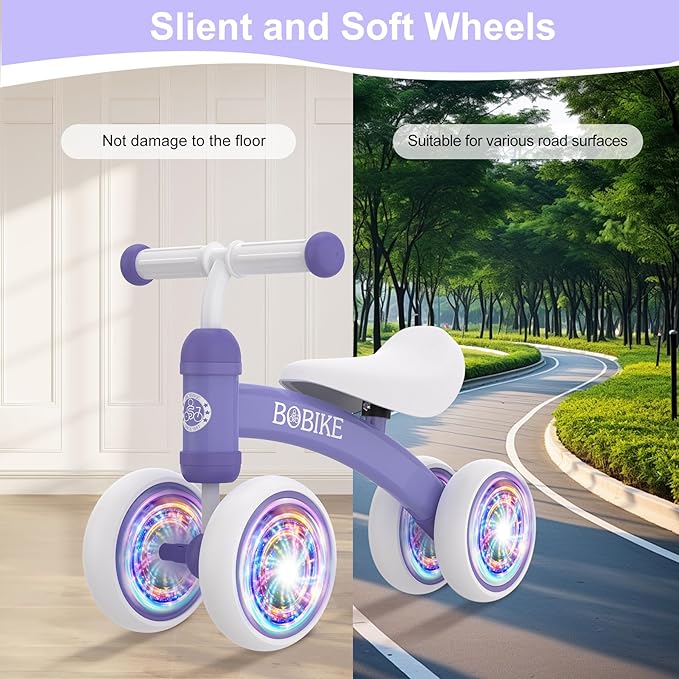 Baby Balance Bike Toys for 12-36 Months Kids Toy Boy and Girls Gifts Toddler Best First Birthday Gift Children Walker No Pedal Infant 4 Wheels Bicycle (Colorful, Purple-Light)-CubbioJoy