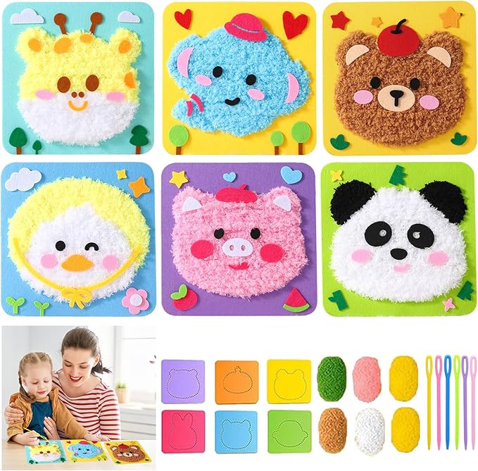 DIY Embroidery Doll Kit, Cartoon Animal Craft Sewing Kit for Kids, Felt Crafts, Beginner Sewing for Kids Ages 4-8 Plus - Helps Develop Fine Motor Skills (6PCS-Deer/Elephant/Bear/Duck/Pig/Panda)-CubbioJoy