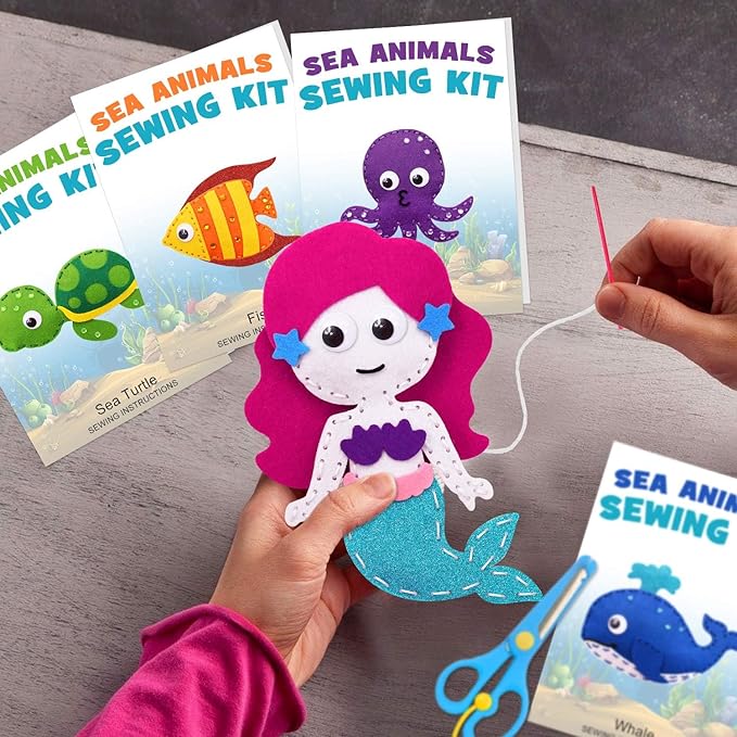 CiyvoLyeen Sea Animals Sewing Kit Mermaid DIY Felt Plush Craft Kit Make Your Own Ocean Animals Gifts for Beginner Boys and Girls Educational Kids Art Craft Supplies Set of 12-CubbioJoy