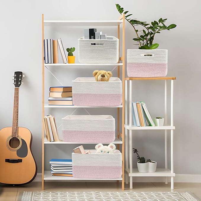 COMFY-HOMI Cotton Rope Woven Basket with Handles for Shelves,Toys,Book, Cloth Storage Baskets for Organizing-17" x 13" x 7.5" Toy Decorative Organizer for Living Room, Bathroom （white/pink）-CubbioJoy