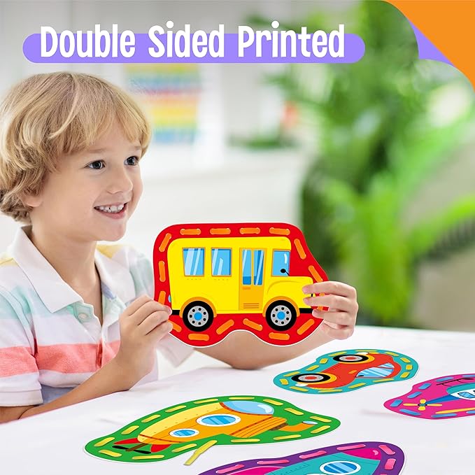 9 Pieces Kids Lacing Cards, Double Sided Vehicle Sewing Cards with 9 Colorful Laces, Imagination Development Lacing Toys Games for Children Educational and Learning Activity-CubbioJoy