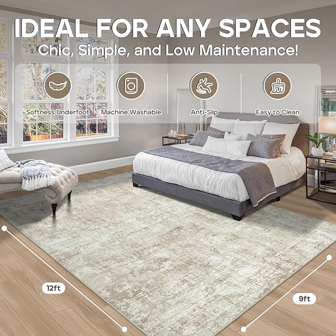 9x12 Area Rugs for Living Room Rug Washable: Modern Large Rug for Dining Room Bedroom Carpet Non Slip 9 by 12 Indoor Abstract Nursery Home Office Beige-CubbioJoy