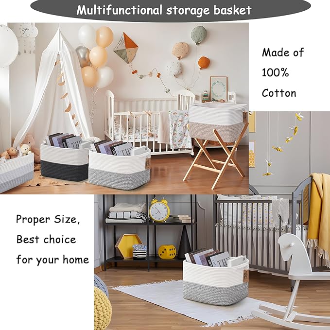 COMFY-HOMI Cotton Rope Woven Basket with Handles for Shelves,Toys,Book, Cloth Storage Baskets Bin for Organizing-13.5"x11"x9.5" Toy Decorative Organizer for Living Room, Bathroom-White/Grey-CubbioJoy