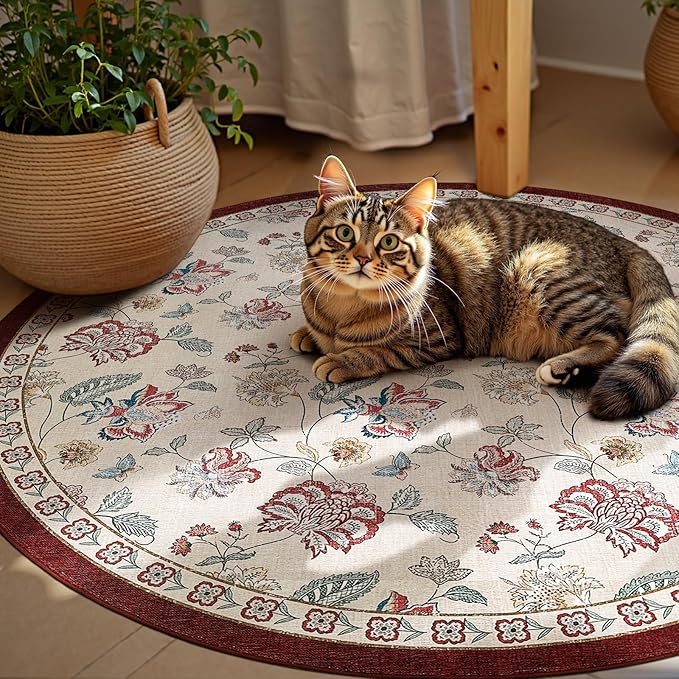 jinchan 5ft Floral Round Rug for Entryway Washable Kitchen Rug Vintage Romance Design Non Slip Indoor Doormat Lightweight Low-Profile Throw Carpet for Living Room Dining Room Bedroom, Red/Beige-CubbioJoy