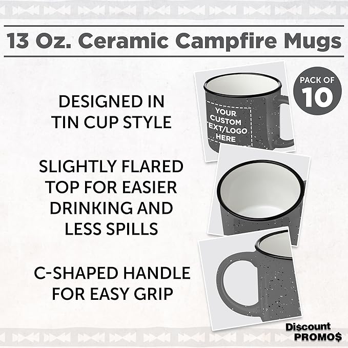 DISCOUNT PROMOS Custom Ceramic Campfire Coffee Mugs 13 oz. Set of 10, Personalized Bulk Pack - Perfect for Tea, Espresso, Cappuccino, Hot Cocoa - Grey-CubbioJoy