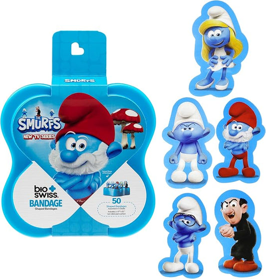 BioSwiss Bandages, The Smurfs in 3D Shaped Self Adhesive Bandage, Latex Free Sterile Wound Care, Fun First Aid Kit Supplies for Kids and Adults, 50 Count Plastic Case-CubbioJoy