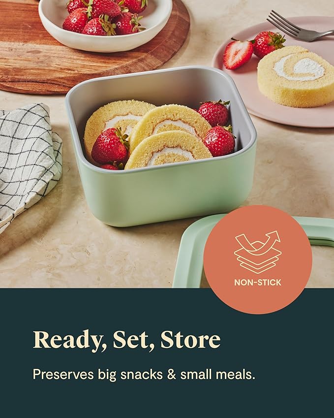Caraway Glass Food Storage, 4.4 Cup - Ceramic Coated, Non-Toxic, Non-Stick Lunch Box With Glass Lids - Easy to Store, Dishwasher, Oven, & Microwave Safe - Sage-CubbioJoy