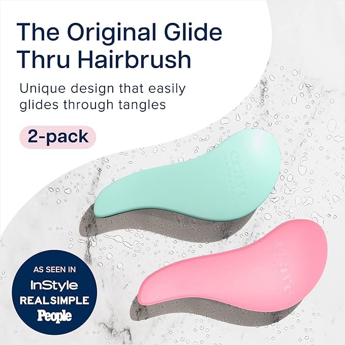 Crave Naturals Glide Thru Detangler Brush Pack of 2 - Curly Hair Brush for Women and Kids - Wet and Dry Comb for Adults - Soft Flexible Bristles for Gentle Use - Turquoise and Pink-CubbioJoy