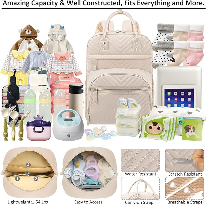 Diaper Bag Backpack Tote for Women Large Capacity, Baby Bag with Insulated Pockets Multifunctional Diaper Bags For Baby Girl Boy Waterproof Baby Bags For Boys Girls Maternity Bag Beige-CubbioJoy
