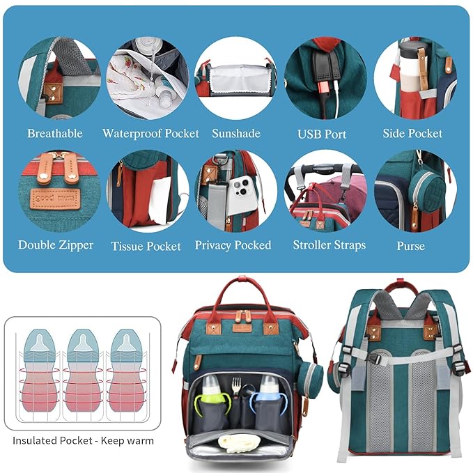 Jeryswet Baby Diaper Bags with Changing Station, Waterproof Large Capacity Diaper Bag Backpack for Moms Dads with USB Charging Port and Stroller Straps, Baby Shower Gifts, RGB-CubbioJoy