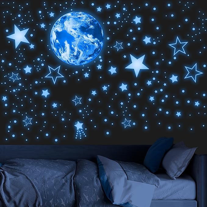 965 PCS Glow in The Dark Stars and Earth for Ceiling, Luminous Stars and Planet Wall Decals, Kids Room Decor, Glowing Galaxy Wall Stickers for Nursery Decorations (Blue)-CubbioJoy