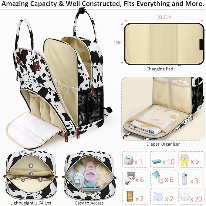 Diaper Bag Backpack for Women with Changing Pad, Baby Bag with Insulated Pockets Multifunctional Diaper Bags For Baby Girl Boy Waterproof Baby Bags For Boys Girls Maternity Bag Cow Print-CubbioJoy