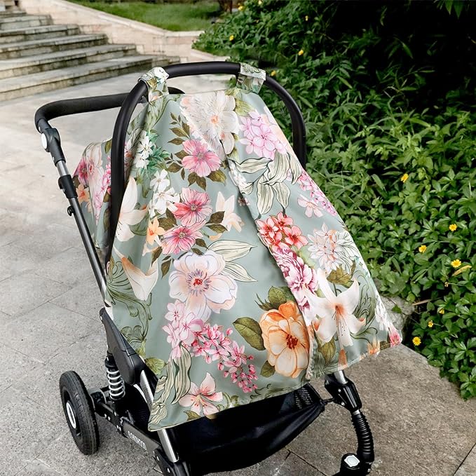 Car Seat Cover Baby, Flroal Infant Car Seat Canopy Covers for Newborn Girls Boys, Soft Breathable Minky Carseat Covers Stretchy Multi-Use Nursing Cover for Stroller Baby Car Seat, Green Leaf-CubbioJoy