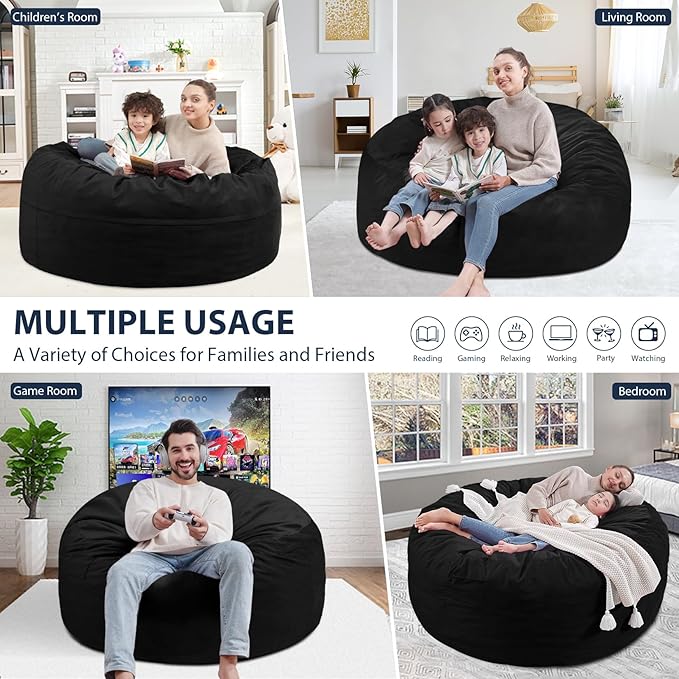 3FT Bean Bag Chair, Comfy Bean Bag Chairs with Memory Foam Filled, Fluffy Beanbag Sofa with Dutch Velvet Cover, Round BeanBag Chairs for Living Room, Playroom - Black-CubbioJoy