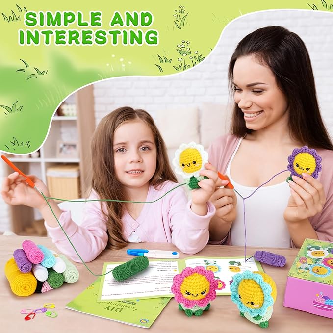 Crochet Kit for Beginners - 4PCS Flowers Complete Crochet Starter Kit with Step-by-Step Video Tutorials, Beginner Crochet Kits for Adults Kids Women, Flower Family Crocheting Set-CubbioJoy