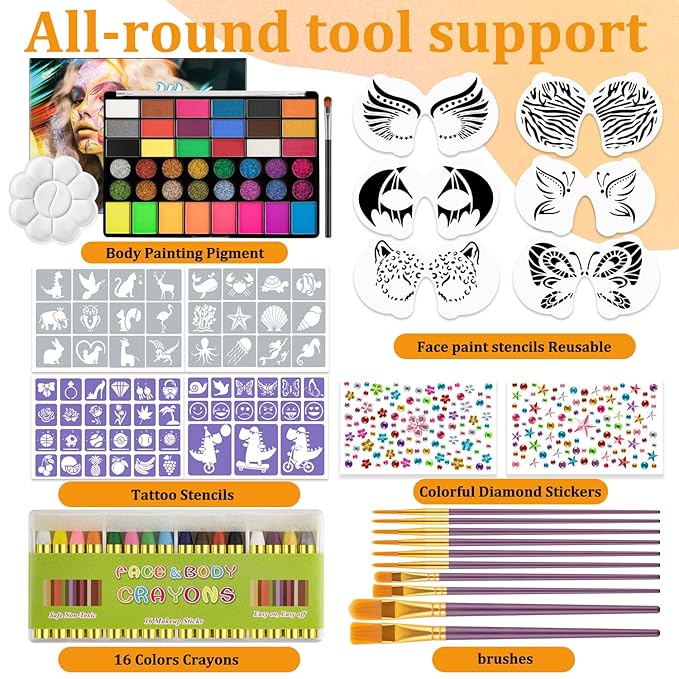 42 Color Face Painting Kit for Kids-Non Toxic Water Activated Face Paint Palette with 16 Crayons,6 Reusable & 63 Sticky Stencils,Brushes,Gems.Ideal Choice for Carnival,Halloween,Parties,Makeup etc.-CubbioJoy