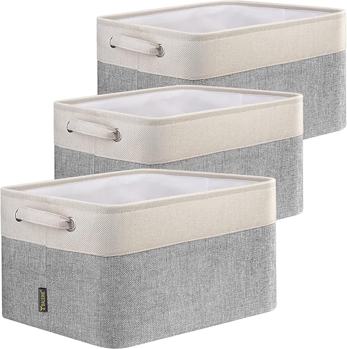 BALEINE 3 Pack Fabric Storage Bins for Shelves, Linen Storage Baskets for Organizing, Decorative Closet Bins for Clothes, Home (Grey, 15"x11"x9.5")-CubbioJoy