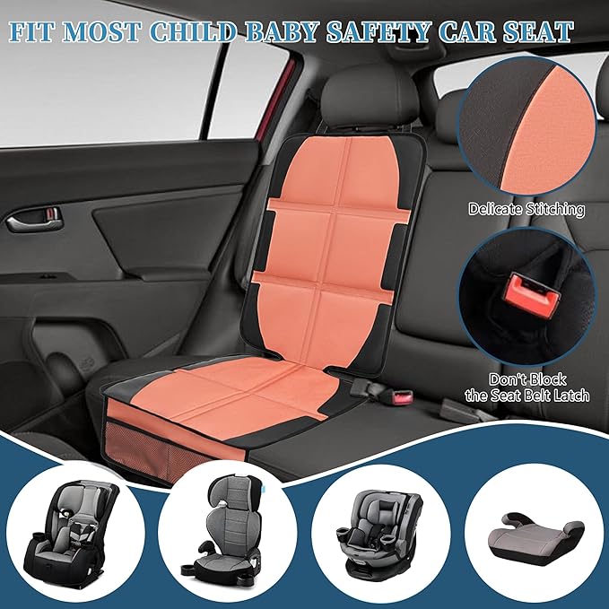 Car Seat Protector for Child, 2 Pack Covers with Mesh Pockets & Non-Slip Backing, 600D Durable Under Seat for Back (Orange, Large)-CubbioJoy
