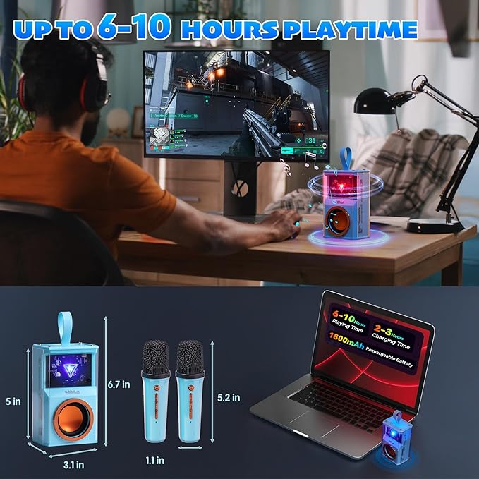 Karaoke Machine for Kids & Adults, Portable Bluetooth Mini Karaoke Speaker with 2 Wireless Microphone and Lights, Birthday Gifts for Girls & Boys, Toys for Girls, Family Home Party (Sky Blue)-CubbioJoy