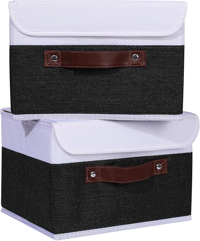 ANMINY 4PCS Storage Boxes with Lid Washable Decorative Storage Bins Basket with PU Leather Handle Foldable Linen Fabric Storage Cubes Containers for Home Closet Organizer - Black White, Small Size-CubbioJoy
