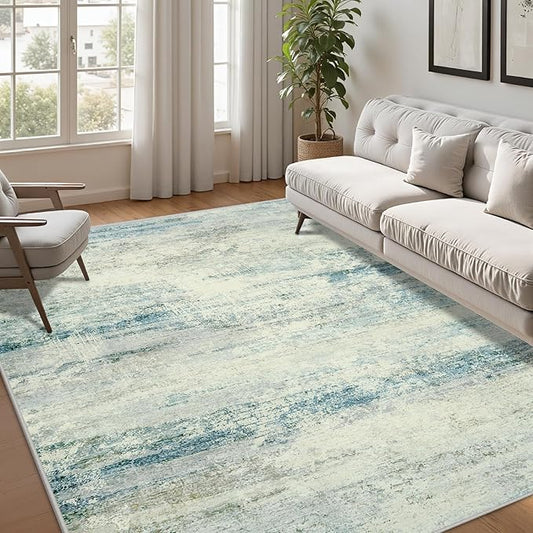 5x7 Area Rugs for Lliving Room Bedroom, Abstract Washable Rugs with Non-Slip Backing, Stain Resistant Thin Carpet for Dorm Dining Room Table Nursery Indoor Home Office-Blue/Gray-CubbioJoy