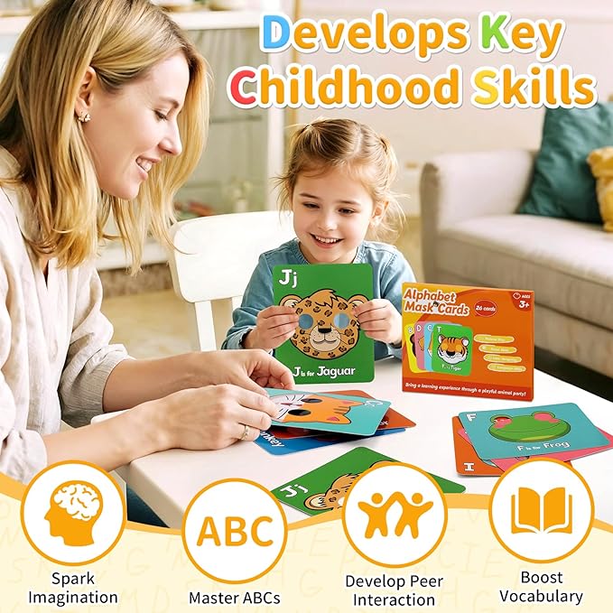 26 PCS Alphabet Mask Cards, Colorful Alphabet ABC Flash Cards with Animal Mask, Giant Letter ABC Animal Faces Flash Learning Flashcards-CubbioJoy