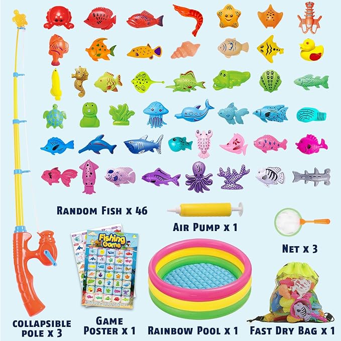 CozyBomB™ Magnetic Fishing Toys Game Set for Kids | Water Table Bathtub Kiddie Pool Party & Pole Rod Net, Plastic Floating Fish Toddler Color Ocean Sea Animals Birthday Age 3 4 5 6 Year-CubbioJoy