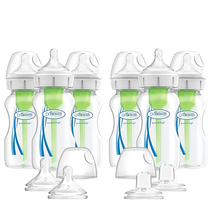 Dr. Brown's Natural Flow Anti-Colic Options+ Wide-Neck Baby Bottles, 9 oz/270 mL, with Level 1 Slow Flow Nipple, 6 Pack with 2 Bonus Level 2 Nipples & 2 Sippy Spouts-CubbioJoy