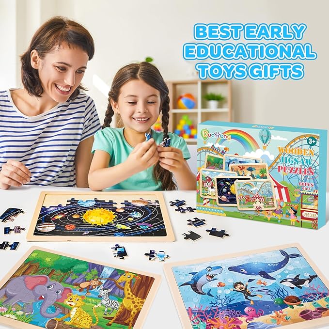 6 Packs Wooden Puzzles for Kids Ages 4-6, 60 Piece Wood Dinosaur Animals Jigsaw Puzzles for Toddlers Ages 3-5, Preschool Educational Learning Toys Gifts for 2 3 4 5 6 7 8 Boys Girls-CubbioJoy