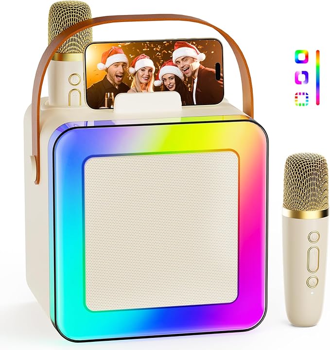 Karaoke Machine for Kids Adults, Portable Bluetooth Karaoke Speaker with 2 Wireless Microphones, Karaoke System with Mics Storage Hole and Lights, Birthday Gifts for Girls Boys Family Home Party-CubbioJoy