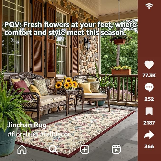 jinchan 3x10 Floral Runner Rug for Hallway Washable Kitchen Runner Vintage Romance Design Non Slip Thin Indoor Floor Cover Low-Profile Throw Carpet for Entryway Bathroom Bedroom Porch, Red/Beige-CubbioJoy