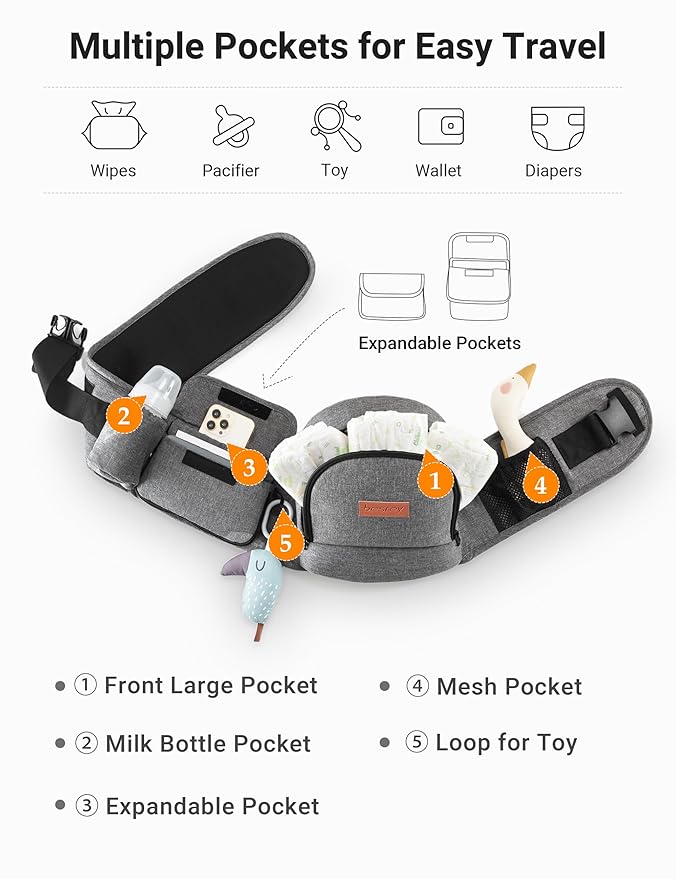 besrey Toddler Hip Carrier - Side Baby Carrier, Up to 44lb, Dad Infant Carrier Hipseat (Grey)-CubbioJoy