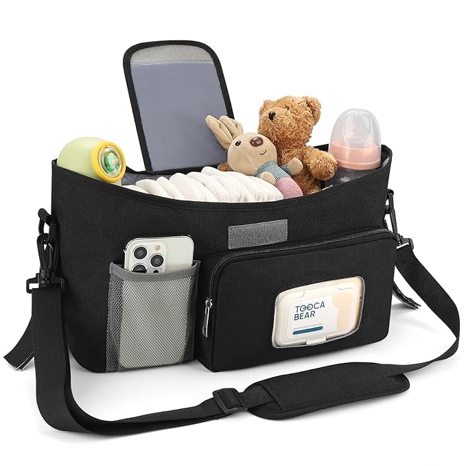 Accmor Universal Stroller Organizer with Insulated Cup Holder, Stroller Caddy Bag Accessories, Stroller Cup Holder Organizer for Uppababy Baby Jogger Britax Stroller, Black-CubbioJoy
