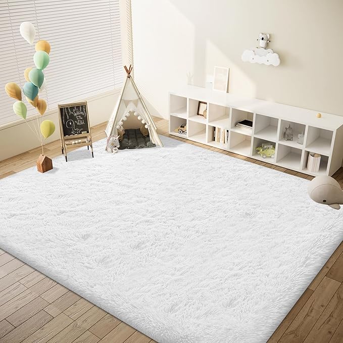 8x10 Area Rug for Living Room: Fluffy Shag Soft Washable Rugs Large Fuzzy Plush Indoor Carpet for Bedroom Nursery Playroom Kids Girls Boys Room (White, 8'x10')-CubbioJoy