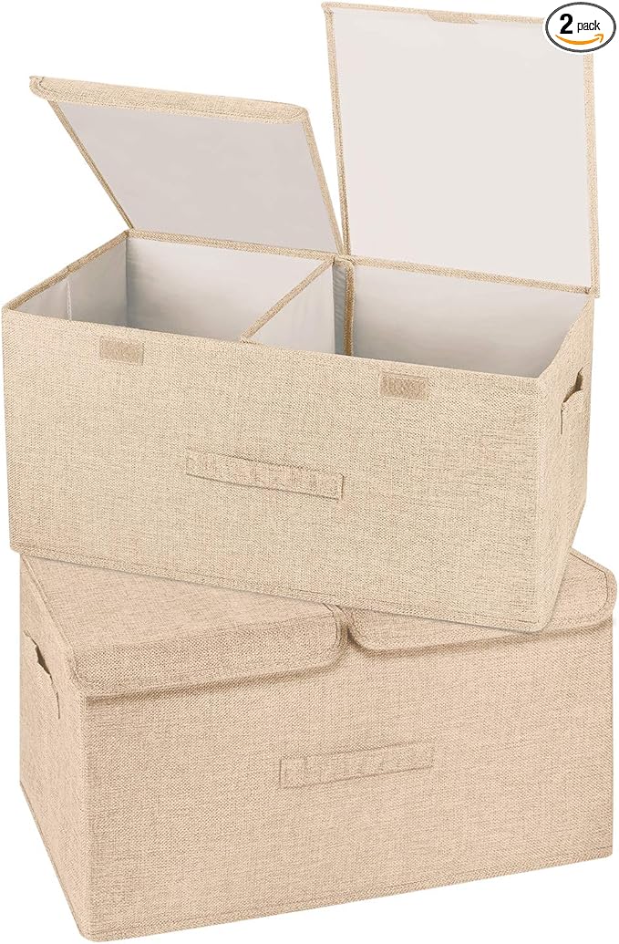 2 Pack Large Storage Boxes with Lids and Handles, Collapsible Linen Storage Bins Organizer Containers Baskets Cube with Removable Divider for Home Bedroom Closet Office (Khaki, Large)-CubbioJoy