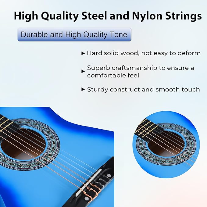 ADM Beginner Acoustic Classical Guitar 34 Inch Nylon Strings Wooden Guitar Bundle Kit for Kid Boy Girl Student Youth Guitarra Online Lessons with Gig Bag, Strap, Tuner, Strings, Picks, Blue-CubbioJoy