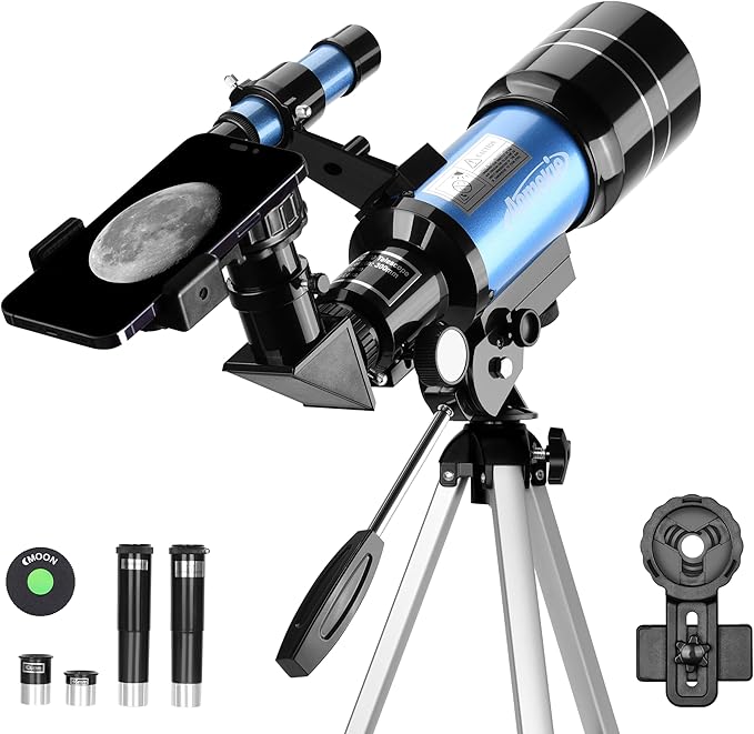 AOMEKIE Telescopes,70mm Aperture 300mm Table Tripod, Astronomical for Beginners,2 Eyepieces 150X with Smartphone Adapter Moon Filter 3X Barlow-CubbioJoy