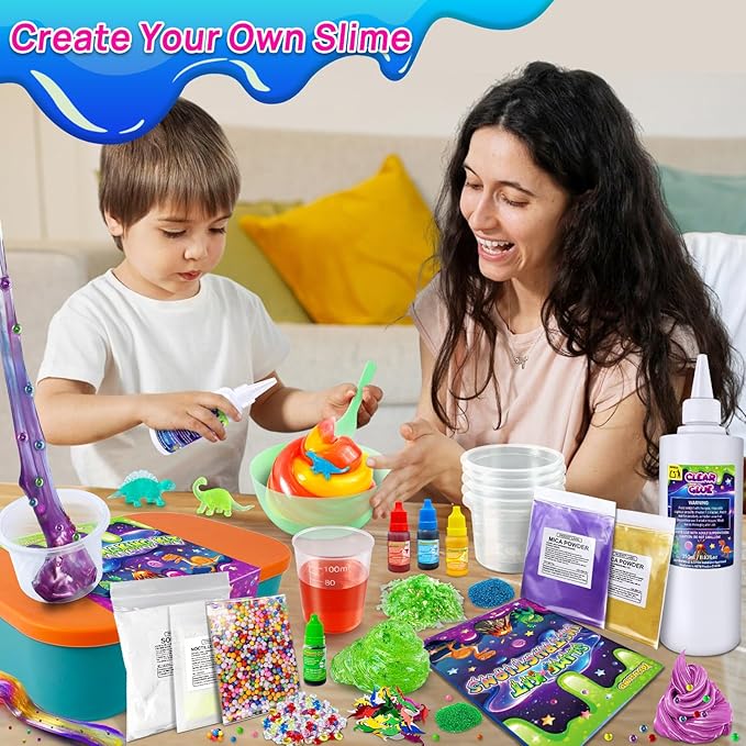 Dinosaur Slime Kit for Girls, Glimmer Crunchy, Galaxy Slime Making Kit for Kids 6-12, Glow in The Dark DIY Slime Kit with Add-ins, Foam Balls, Charms, Glitters, Dinosaur Gift Toys-CubbioJoy