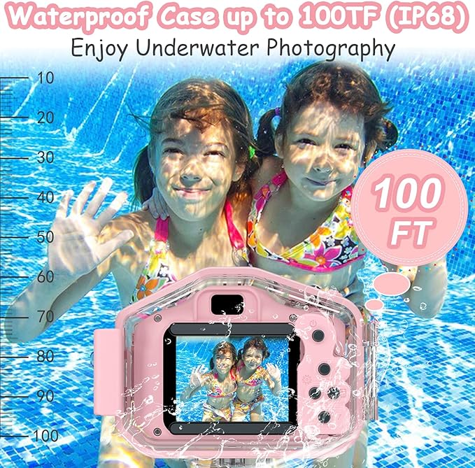 Agoigo Kids Waterproof Camera - Children Underwater HD Video Digital Camcorder, Portable Travel Toy for Toddler - Ideal Christmas Birthday Gifts for Boys Girls Age 3-12 with 32GB Card (Pink)-CubbioJoy