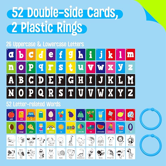 52 PCS Baby Visual Stimulus Cards, Double-Sided High Contrast Black and White, Colorful Alphabet Words Flashcards, Visual Sensory Development Montessori Cards Set for Newborn Baby, Kids, Preschool-CubbioJoy