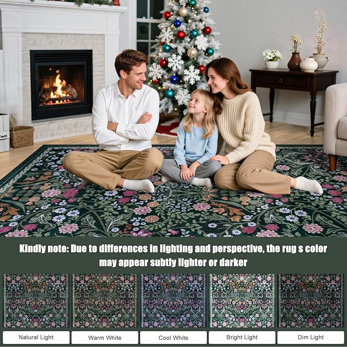 8x10 Area Rugs for Living Room: Floral Washable Rug Vintage Large Soft Boho Non-Slip Carpet Indoor Floor Stain Resistant Carpets for Bedroom Dining Room Farmhouse Nursery Home Office Dark Green-CubbioJoy