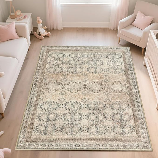 4x6 Area Rug for Bedroom Machine Washable, Non Slip Vintage Floral Kitchen Rugs for Dining Room, Rustic Indoor Floor Carpet for Nursery, Farmhouse, Office Classroom Beige/Pink/Orange-CubbioJoy