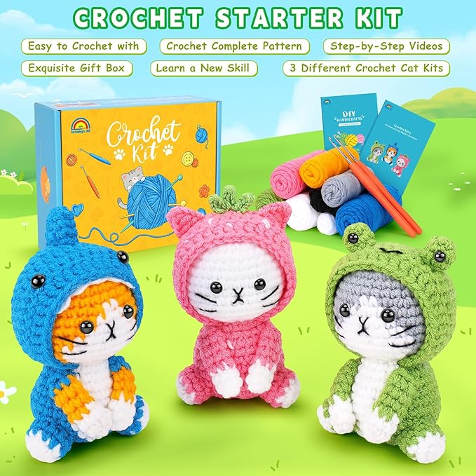 Crochet Kit for Beginners - 3 PCS Crochet Kits with Step-by-Step Video Tutorials, Beginner Crochet Kit for Adults Kid, Crochet Animal Kit for Starters, Cat Dressed as Shark Frog Strawberry-CubbioJoy