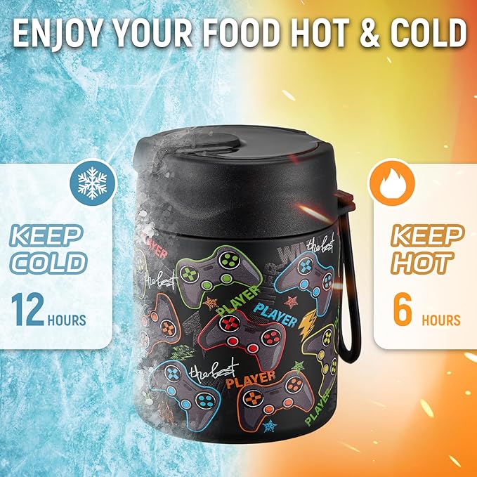 17oz Soup Thermo for Hot Food Kids Insulated Vacuum Food Jar with Stainless Steel Spoon Wide Mouth Thermo Leakproof Lunch Food Container Kids Hot Lunch Box (Black-Game)-CubbioJoy