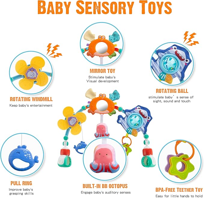 Baby Stroller Arch Toy, Car Seat Toys, Adjustable Arch Stroller toy with Hanging Sensory Activity toys,fits on Baby Bouncer, Bassinet, Stroller, Crib and Car Seats for baby infant Boy Girl 0-18 Months-CubbioJoy