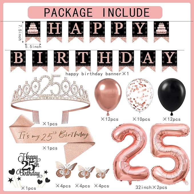 25th Birthday Decorations for Women - 56pcs Rose Gold Happy 25th Banner, Rhinestone Crown & Sash, Cake Topper, 40 Balloons, 3D Butterflies & 4 Balloon Stands (25)-CubbioJoy