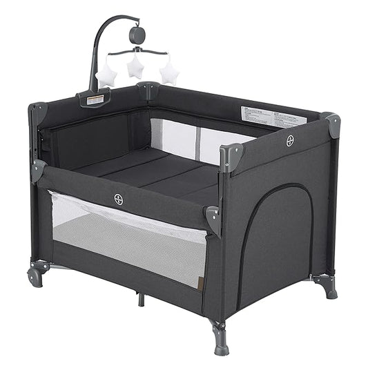 2-in-1 Pack and Play with Mattress,Baby Bassinet Bedside Sleeper, Bedside Bassinet & Baby Playpen, Easy Folding Portable Crib for Newborn to Toddlers (Dark Grey)-CubbioJoy