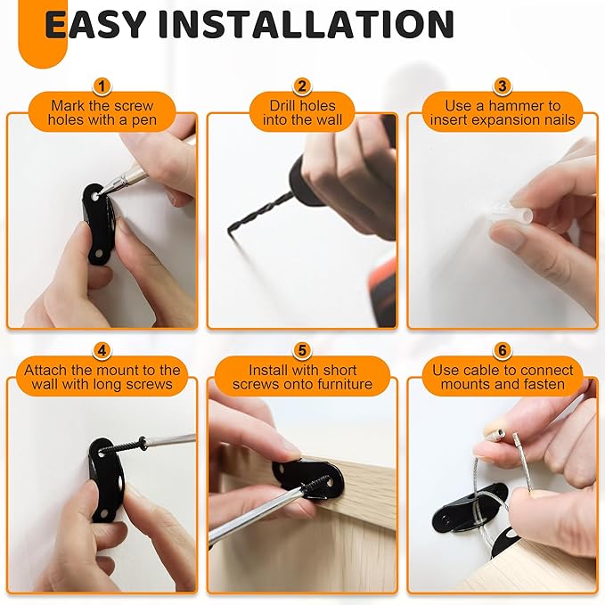 10 Pack Furniture Wall Anchors for Baby Proofing, Anti Tip Furniture Anchors, Secure 400 Pound Furniture, Dresser, Bookcase to Wall Prevent Falling, Earthquake Straps for Child Safety (Black)-CubbioJoy