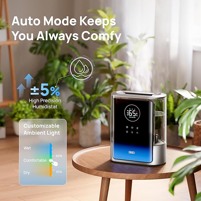 Dreo 8L Smart Humidifier Large Room 600ft², 80H Runtime Supersized Warm and Cool Mist Humidifiers for Bedroom Baby, 28dB Quiet Air Humidifier for Plants Indoor, Home, Whole House, Silver, HM717S-CubbioJoy